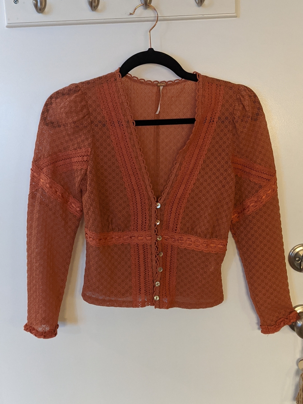 Free People Rust Lace-Detail Button Front Blouse
